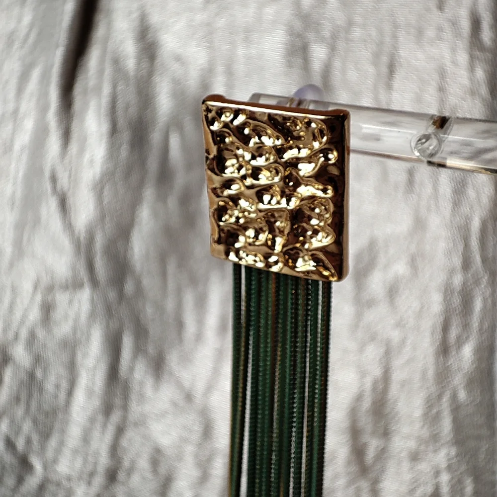 Gold Tone Hammered Elegant Green Flat Snake Chain Long Pierced Earrings NWOT